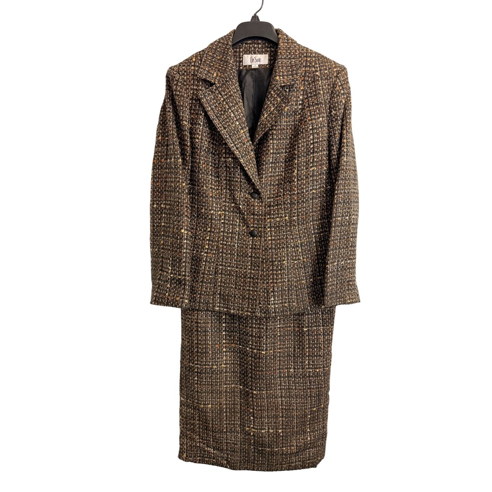 Le Suit Womens Brown Multi Tweed Skirt Suit Set Blazer Pencil Skirt Size 12